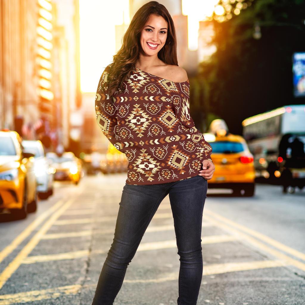 Navajo Native Color Print Pattern Off Shoulder Sweatshirt