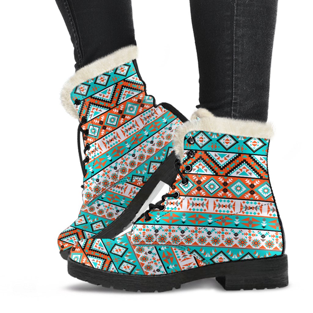 Navajo Style Print Pattern Faux Fur Leather Boots-JTAMIGO.COM