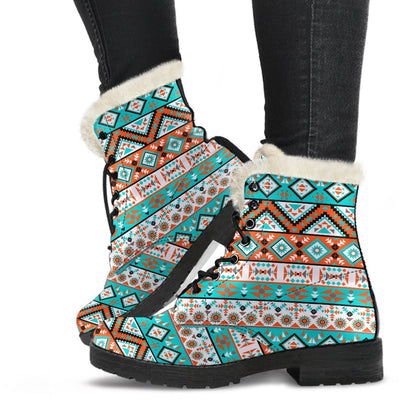 Navajo Style Print Pattern Faux Fur Leather Boots-JTAMIGO.COM