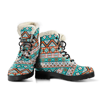 Navajo Style Print Pattern Faux Fur Leather Boots-JTAMIGO.COM