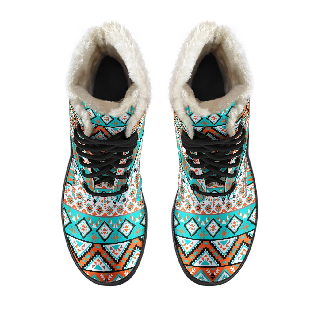 Navajo Style Print Pattern Faux Fur Leather Boots-JTAMIGO.COM