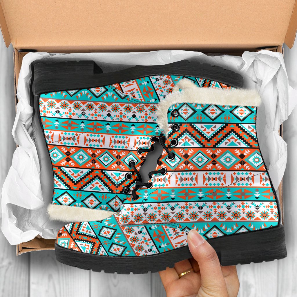 Navajo Style Print Pattern Faux Fur Leather Boots-JTAMIGO.COM