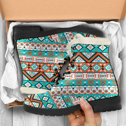 Navajo Style Print Pattern Faux Fur Leather Boots-JTAMIGO.COM