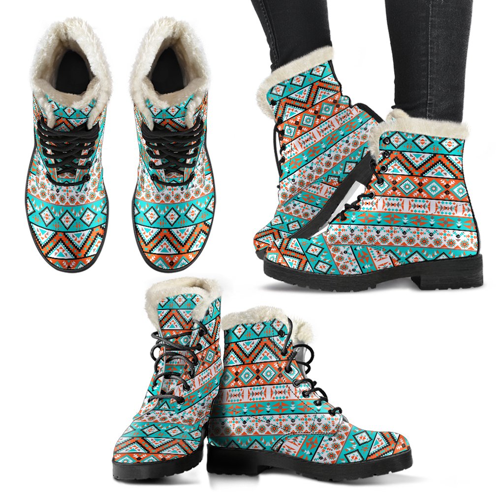 Navajo Style Print Pattern Faux Fur Leather Boots-JTAMIGO.COM