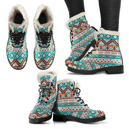 Navajo Style Print Pattern Faux Fur Leather Boots-JTAMIGO.COM