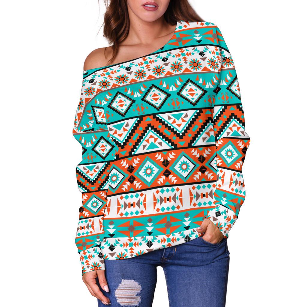Navajo Style Print Pattern Off Shoulder Sweatshirt