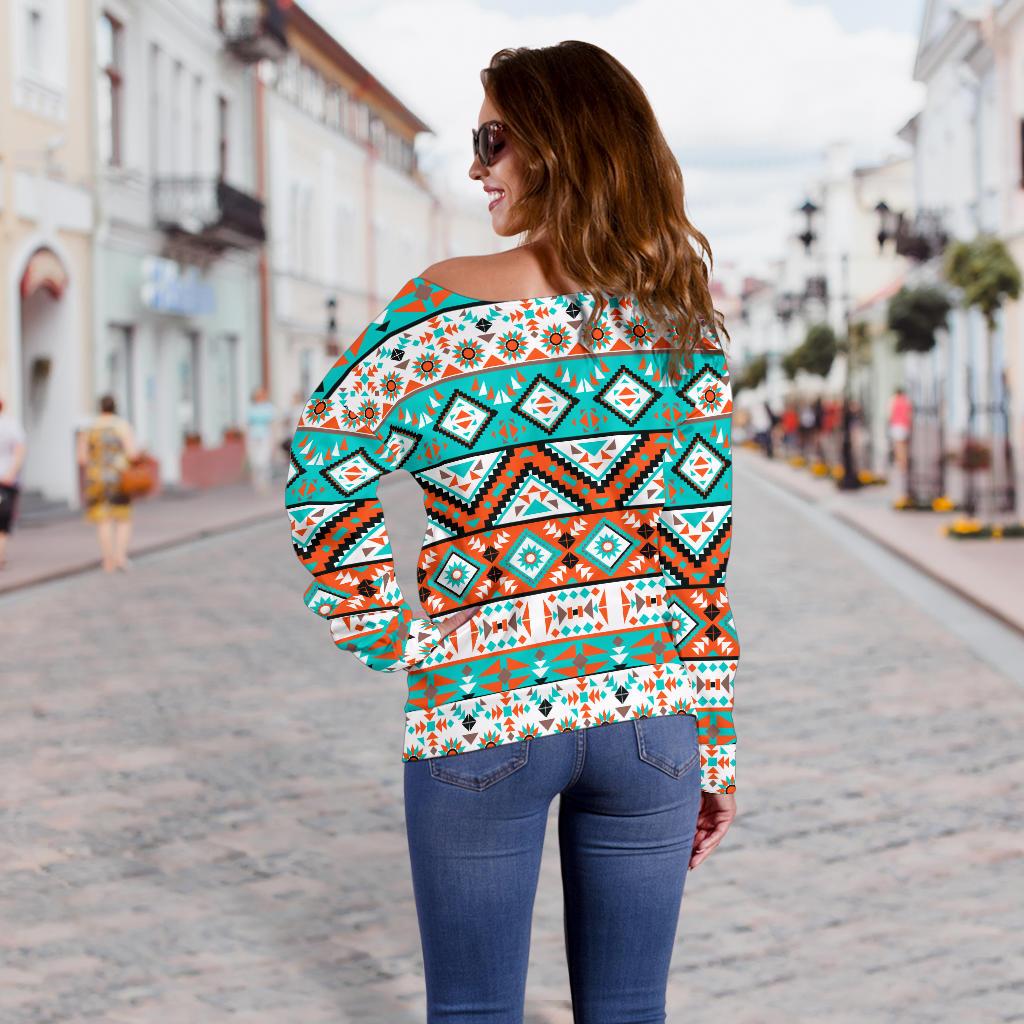 Navajo Style Print Pattern Off Shoulder Sweatshirt