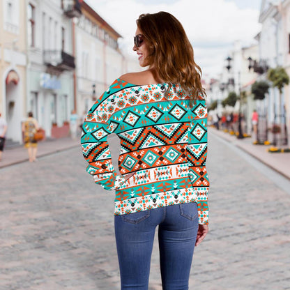 Navajo Style Print Pattern Off Shoulder Sweatshirt