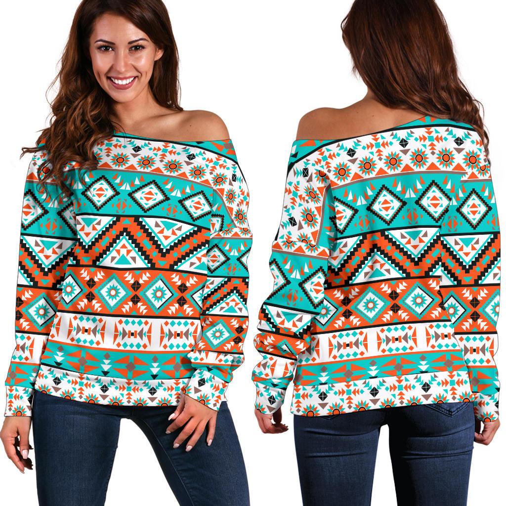 Navajo Style Print Pattern Off Shoulder Sweatshirt
