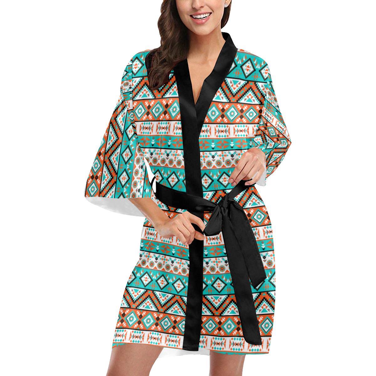 Navajo Style Print Pattern Women Short Kimono Robe