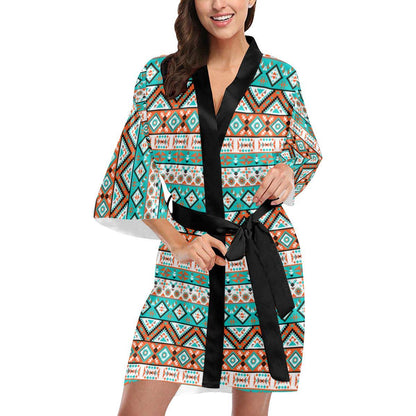 Navajo Style Print Pattern Women Short Kimono Robe