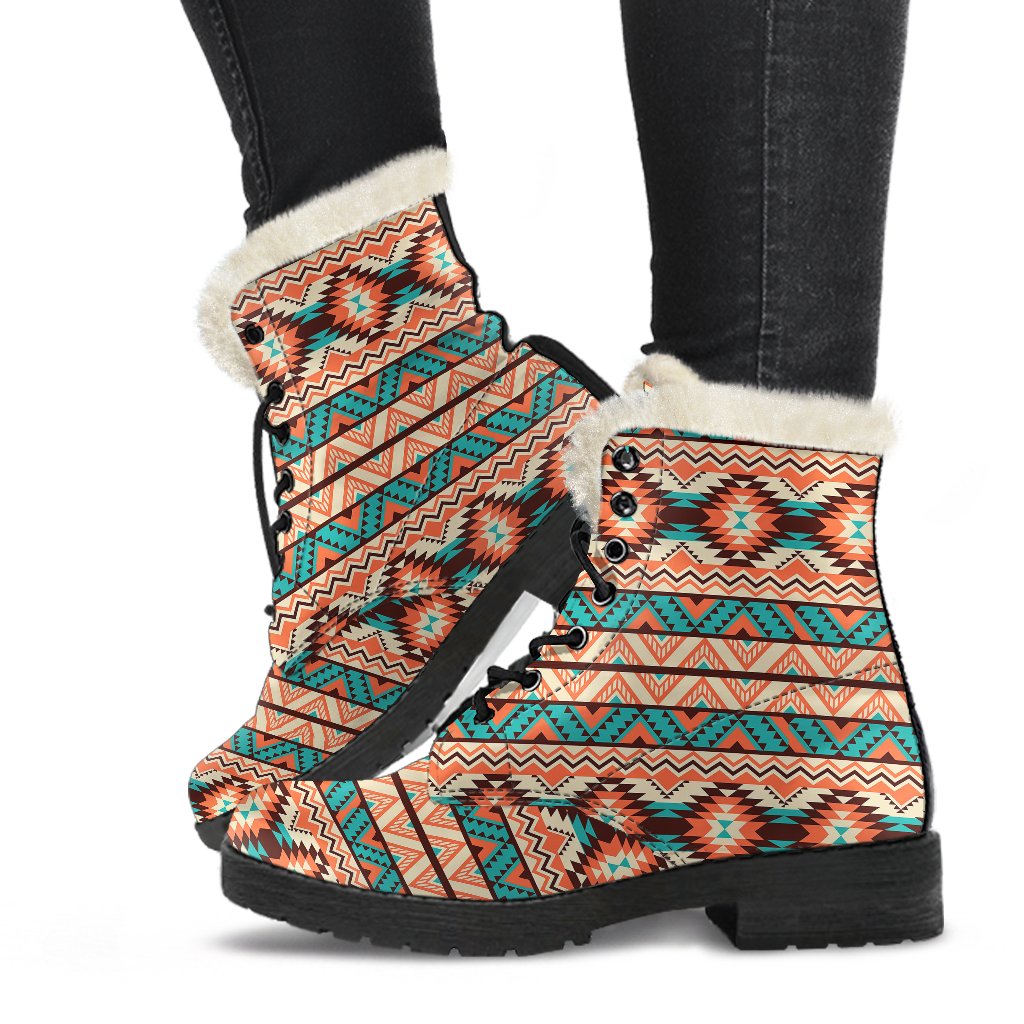 Navajo Western Style Print Pattern Faux Fur Leather Boots-JTAMIGO.COM