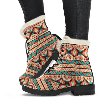 Navajo Western Style Print Pattern Faux Fur Leather Boots-JTAMIGO.COM