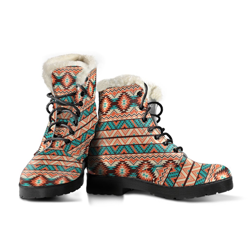Navajo Western Style Print Pattern Faux Fur Leather Boots-JTAMIGO.COM