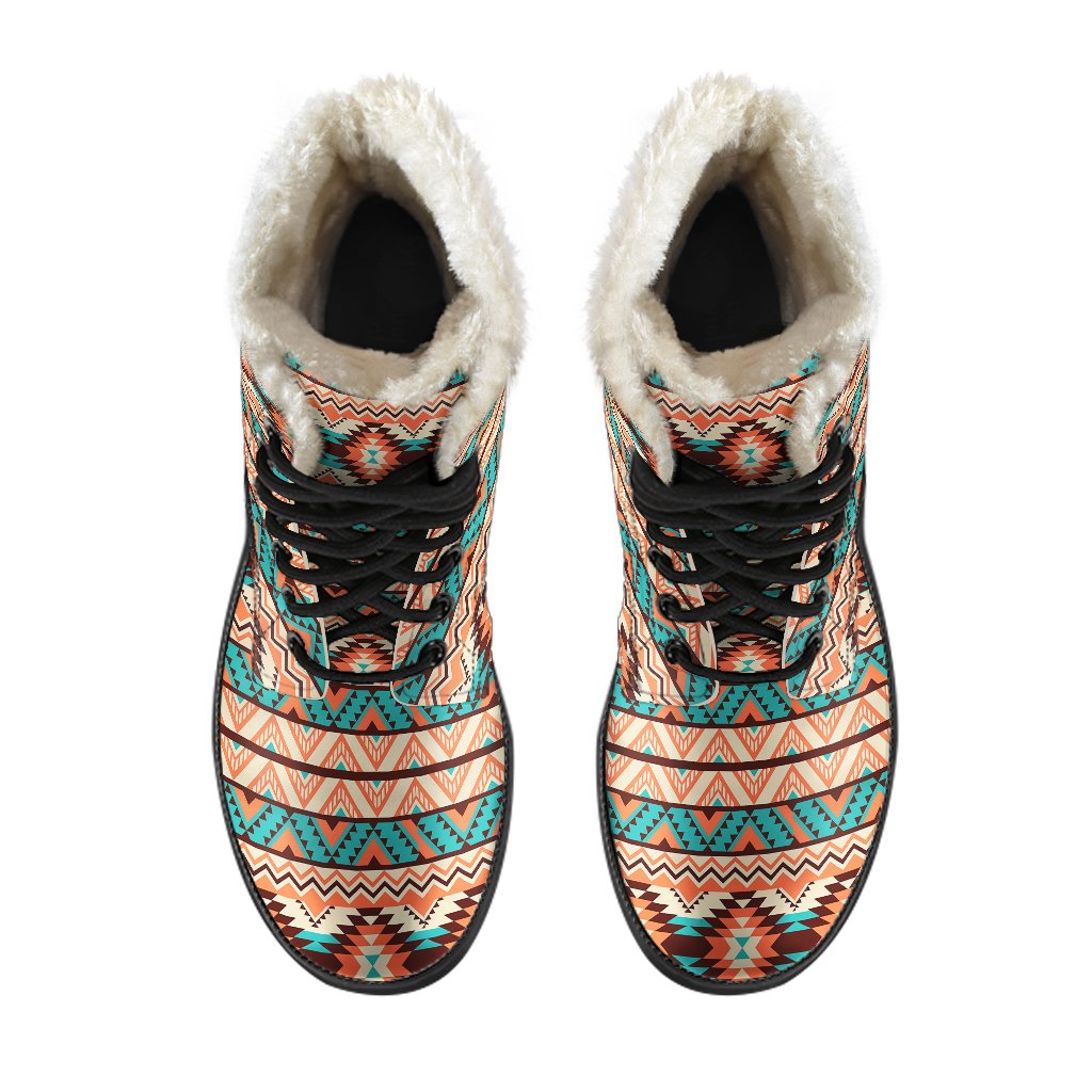 Navajo Western Style Print Pattern Faux Fur Leather Boots-JTAMIGO.COM