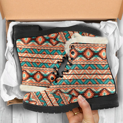 Navajo Western Style Print Pattern Faux Fur Leather Boots-JTAMIGO.COM