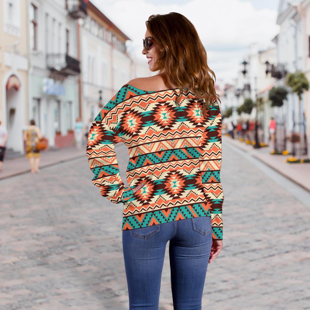 Navajo Western Style Print Pattern Off Shoulder Sweatshirt
