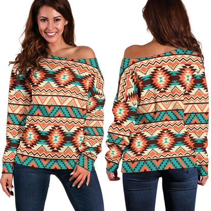 Navajo Western Style Print Pattern Off Shoulder Sweatshirt