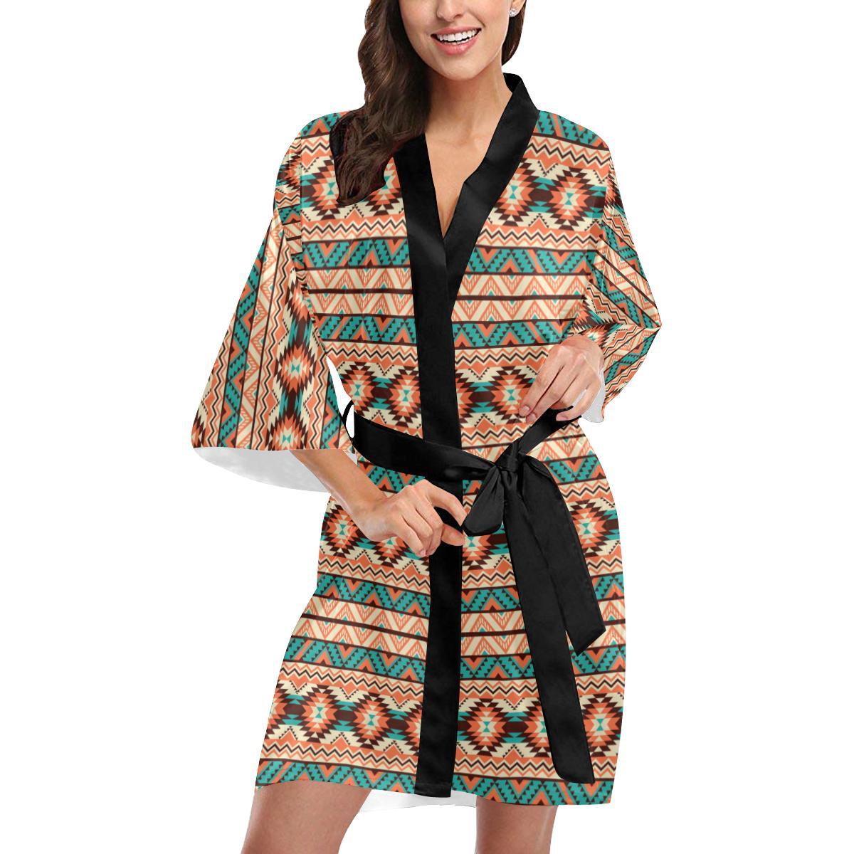 Navajo Western Style Print Pattern Women Short Kimono Robe