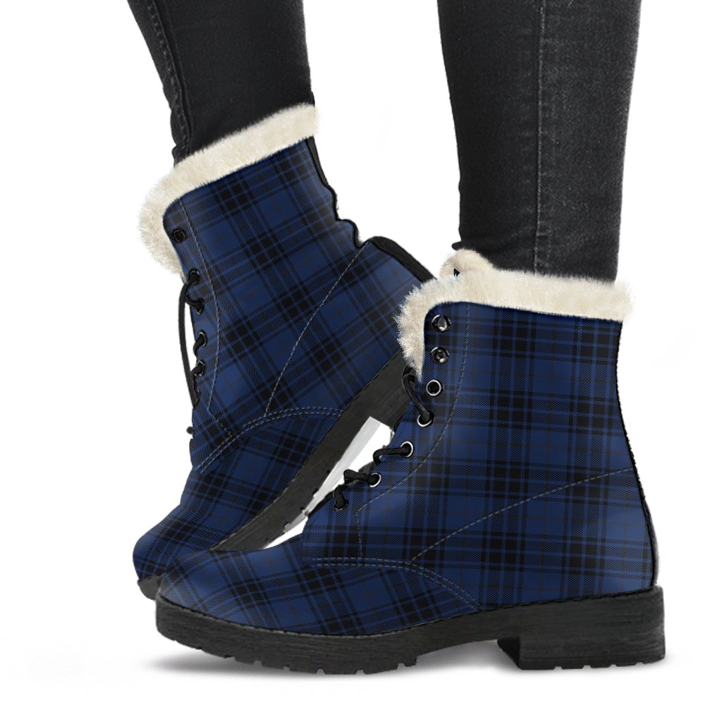 Navy Blue Tartan Plaid Pattern Faux Fur Leather Boots-JTAMIGO.COM