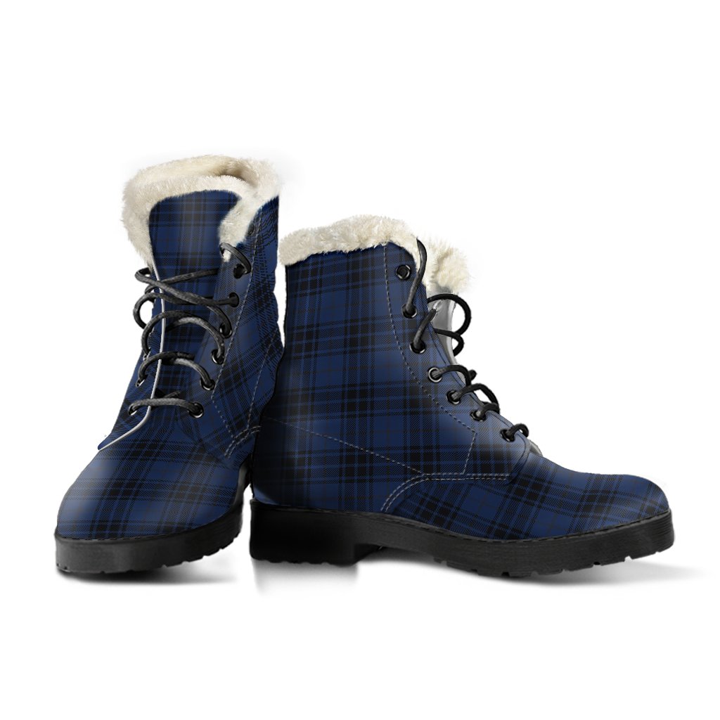 Navy Blue Tartan Plaid Pattern Faux Fur Leather Boots-JTAMIGO.COM