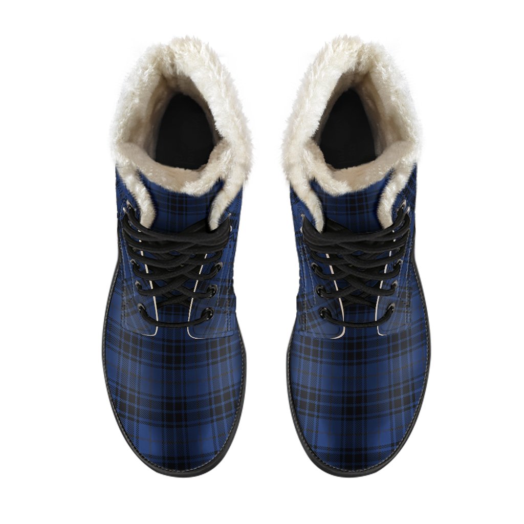 Navy Blue Tartan Plaid Pattern Faux Fur Leather Boots-JTAMIGO.COM