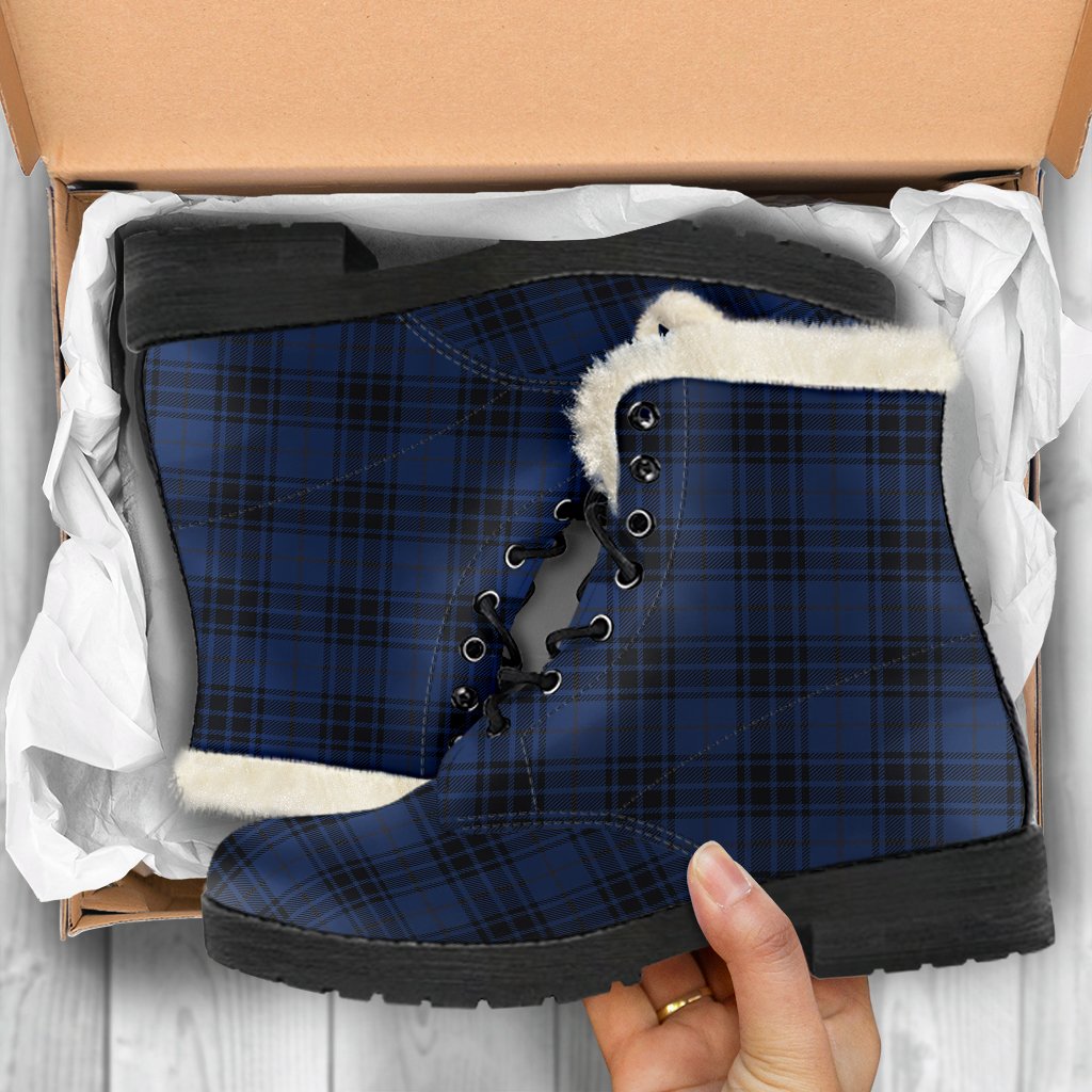Navy Blue Tartan Plaid Pattern Faux Fur Leather Boots-JTAMIGO.COM