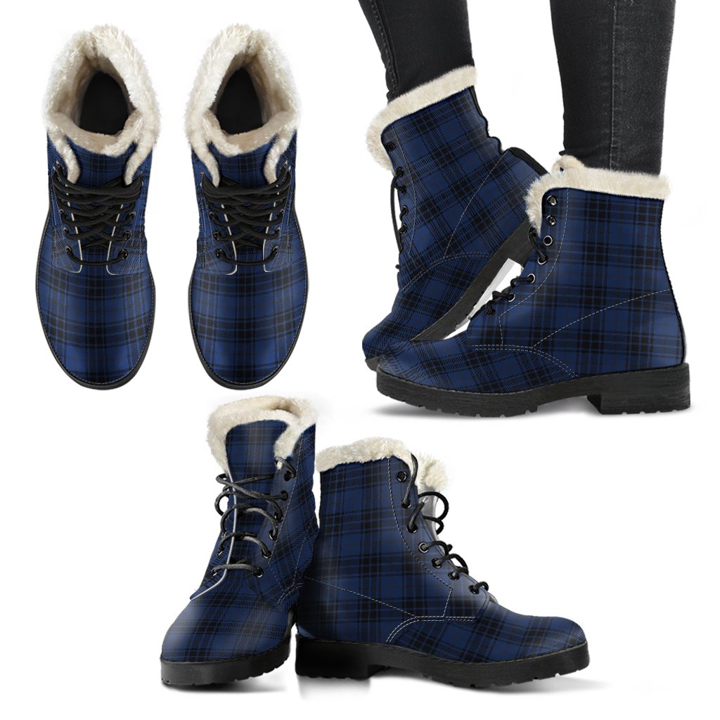 Navy Blue Tartan Plaid Pattern Faux Fur Leather Boots-JTAMIGO.COM