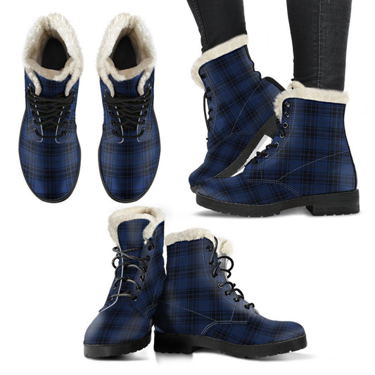 Navy Blue Tartan Plaid Pattern Faux Fur Leather Boots-JTAMIGO.COM