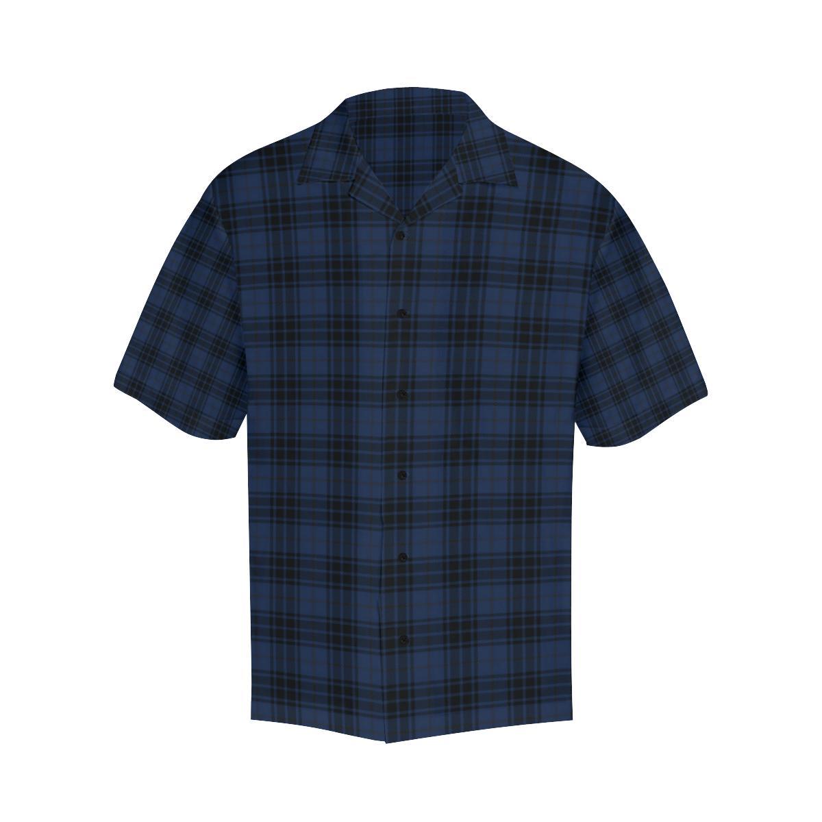 Navy Blue Tartan Plaid Pattern Men Aloha Hawaiian Shirt