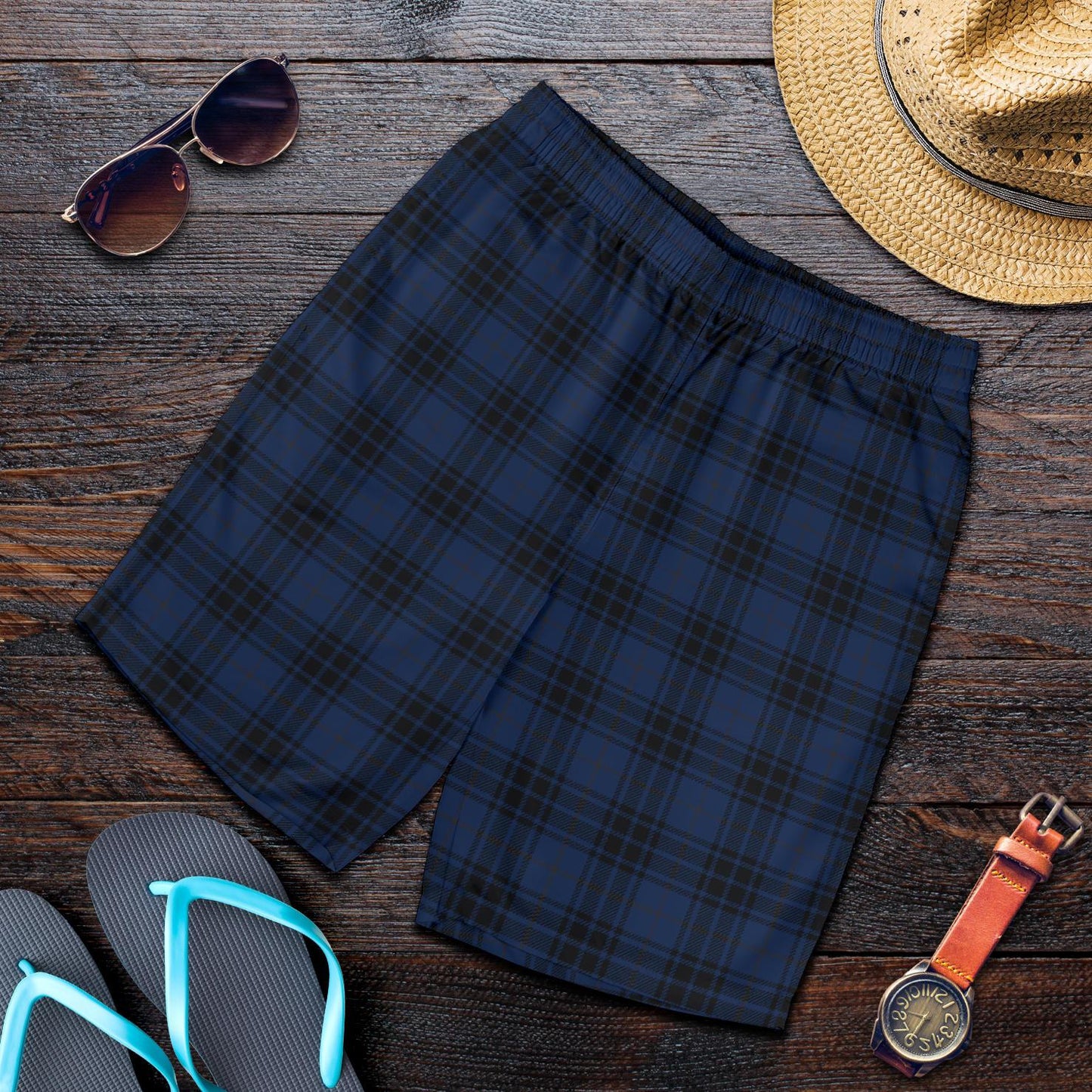 Navy Blue Tartan Plaid Pattern Mens Shorts-JTAMIGO.COM