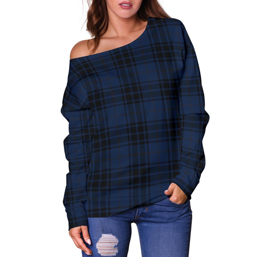 Navy Blue Tartan Plaid Pattern Off Shoulder Sweatshirt
