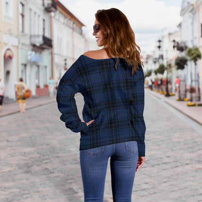 Navy Blue Tartan Plaid Pattern Off Shoulder Sweatshirt