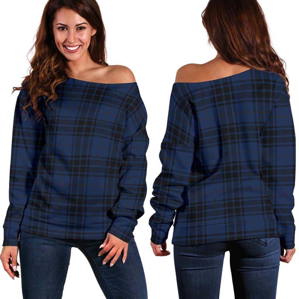 Navy Blue Tartan Plaid Pattern Off Shoulder Sweatshirt