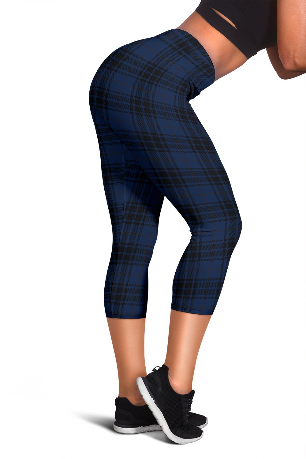 Navy Blue Tartan Plaid Pattern Women Capris