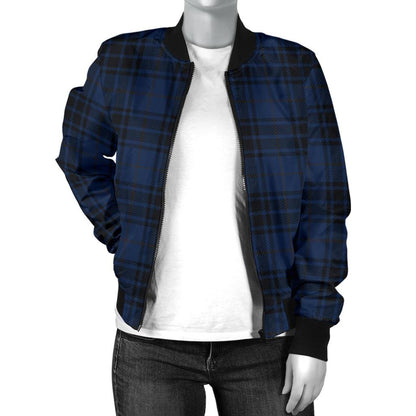 Navy Blue Tartan Plaid Pattern Women Casual Bomber Jacket