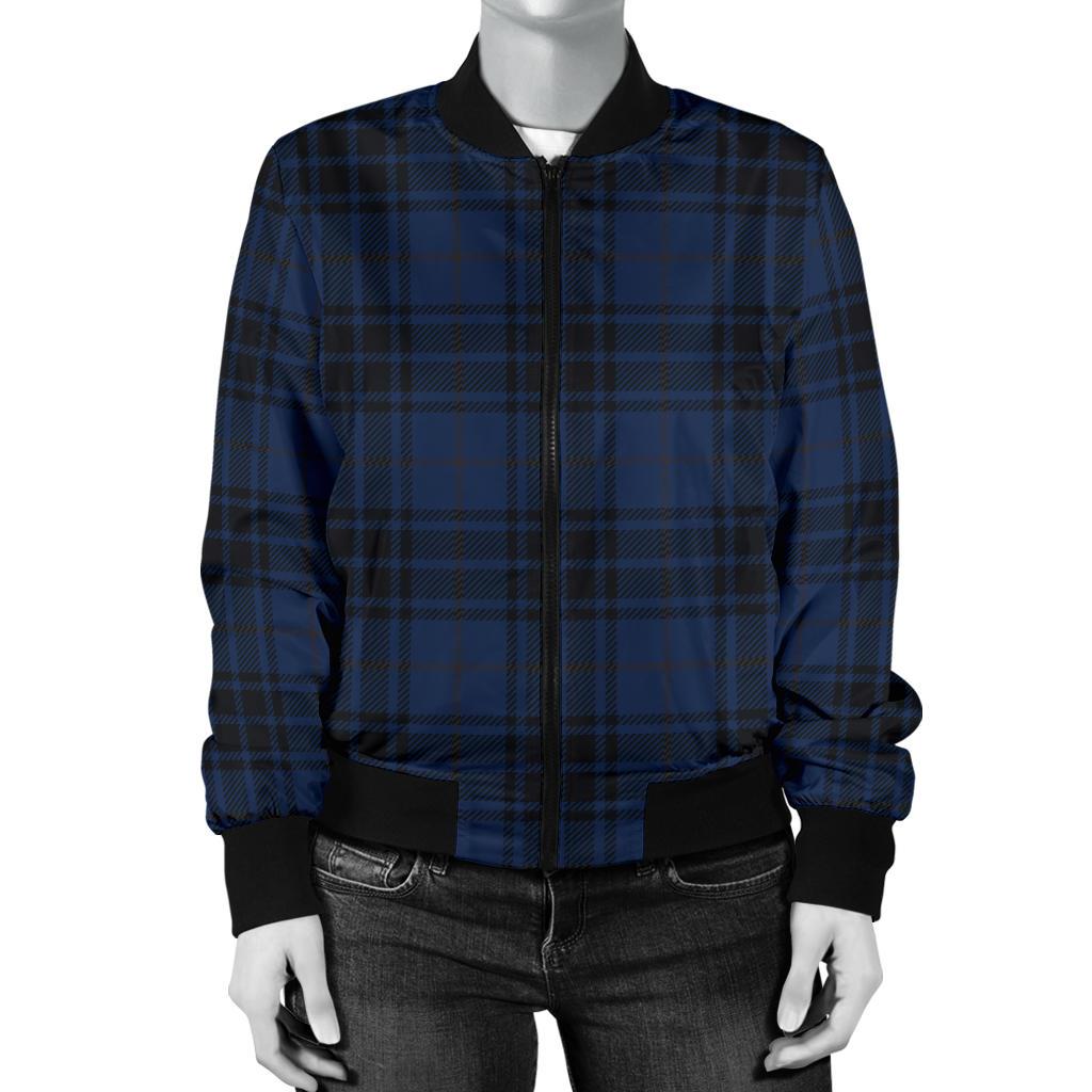 Navy Blue Tartan Plaid Pattern Women Casual Bomber Jacket