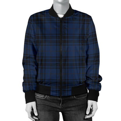 Navy Blue Tartan Plaid Pattern Women Casual Bomber Jacket