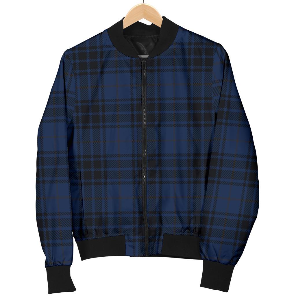 Navy Blue Tartan Plaid Pattern Women Casual Bomber Jacket