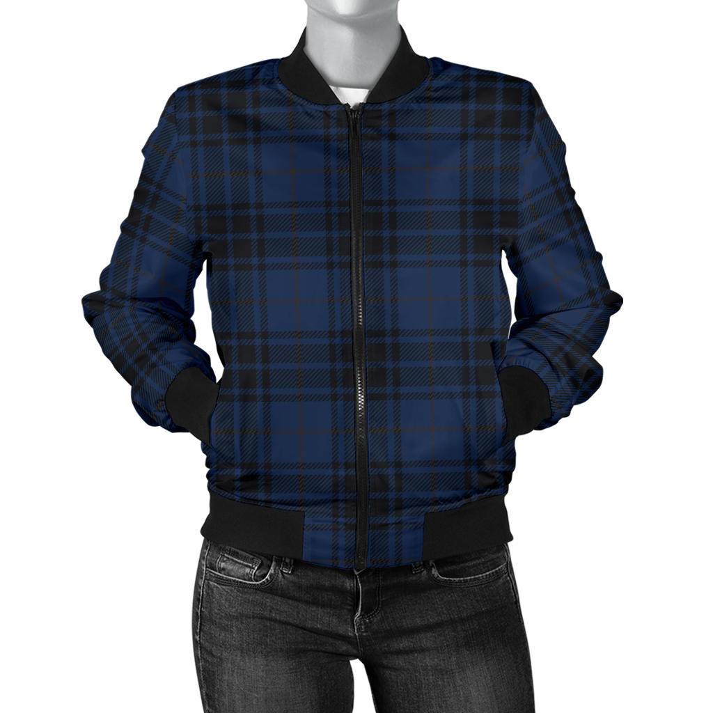 Navy Blue Tartan Plaid Pattern Women Casual Bomber Jacket