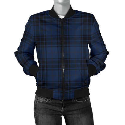 Navy Blue Tartan Plaid Pattern Women Casual Bomber Jacket