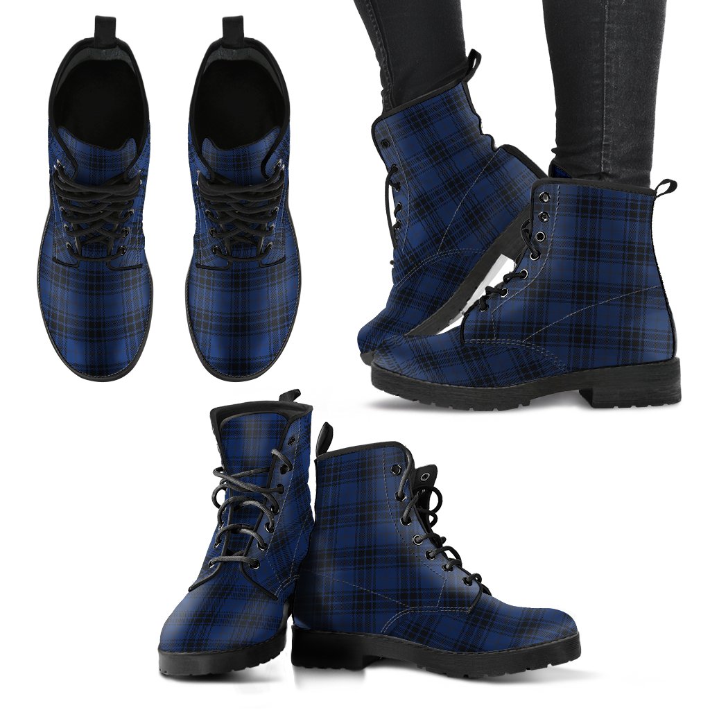 Navy Blue Tartan Plaid Pattern Women Leather Boots-JTAMIGO.COM