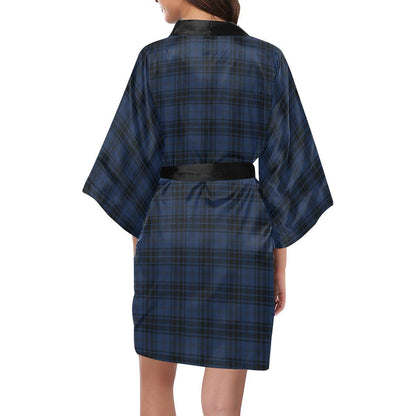 Navy Blue Tartan Plaid Pattern Women Short Kimono Robe