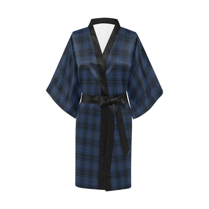 Navy Blue Tartan Plaid Pattern Women Short Kimono Robe
