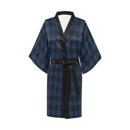 Navy Blue Tartan Plaid Pattern Women Short Kimono Robe