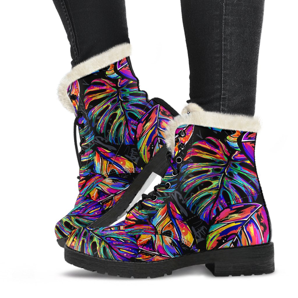 Neon Color Tropical Palm Leaves Faux Fur Leather Boots-JTAMIGO.COM