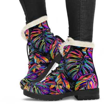 Neon Color Tropical Palm Leaves Faux Fur Leather Boots-JTAMIGO.COM