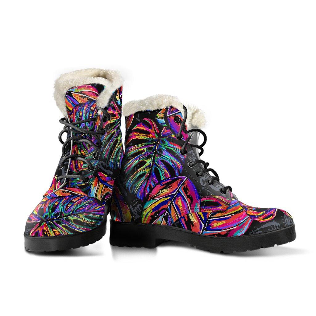 Neon Color Tropical Palm Leaves Faux Fur Leather Boots-JTAMIGO.COM