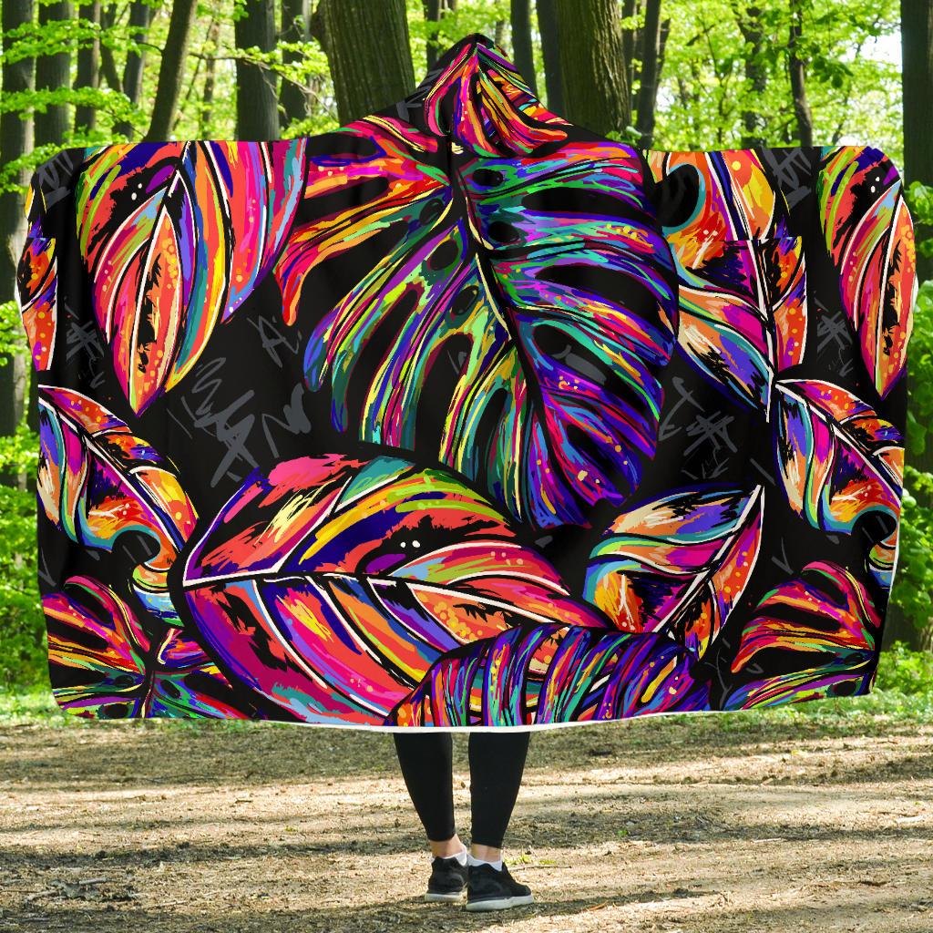 Neon Color Tropical Palm Leaves Hooded Blanket-JTAMIGO.COM