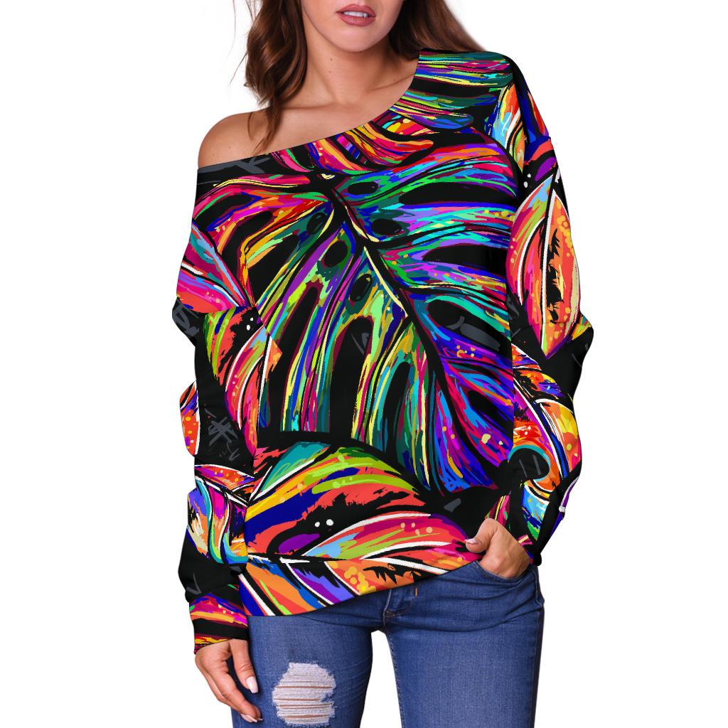 Neon Color Tropical Palm Leaves Off Shoulder Sweatshirt